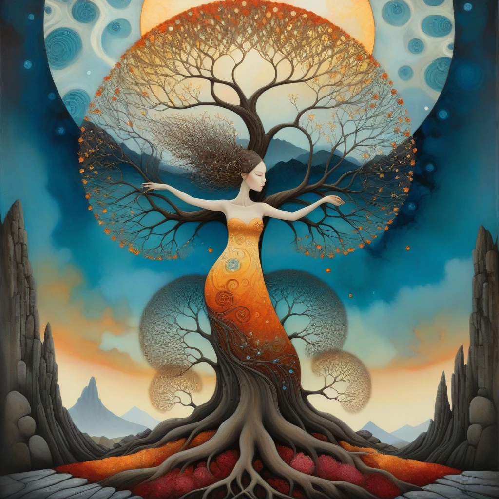 oil and acrylic painting. In the style of Andy Kehoe and Tracy Grimwood, Catrin Welz-Stein, Klimt. yggdrasill tree is a naked woman in a transparent dress on a promontory of lava rock. The tree's trunk is twisted, cracked, its branches are of transparent blown glass expanding toward the sky in ellipses , its large roots are of rusty metal and sink into the ground. Dandelion flowers, poppies, swamp flowers, cherry blossoms, peach blossoms bloom. Sun disc-shaped polychrome buds with marbled spirals, sun rays like strands of coral. Warm colors, ochre yellows, browns, shades of blue, reds .
