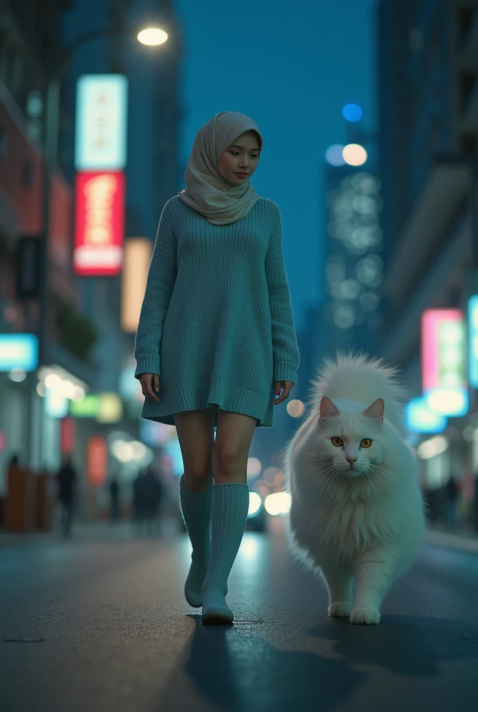 Malay girl walking with her very big fluffy white cat, she is wearing pastel blue big loose knitted sweater and cotton panties and long knitted sock, posing with her very big white fluffy cat in night KL city street, wearing hijab, cute white cat by her side, pastel color hijab, petite body, high quality, Prores lense, Low angle shot, Desaturated color grading, rear projection, Tungsten light, Dynamic shadows, indie, high quality, ultra detail, 8k resolution,