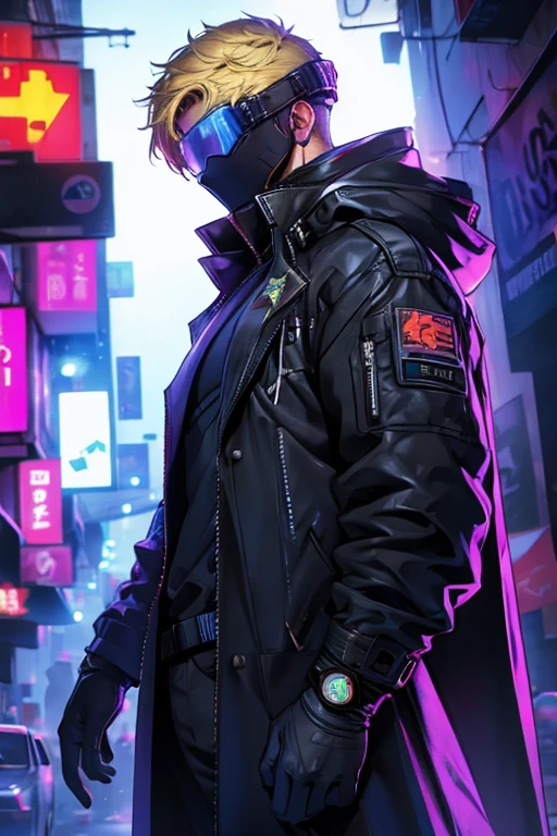 Boy,  blue eyes, blond, masterpiece,  high quality ,  Perfect anatomy ,  perfect face, 4K,  high quality ,  detailed ,  epic style , modernity,  black shoulder coat,  faction leader , senator ,  Cyberpunk, neon,  stands full length , tycoon 