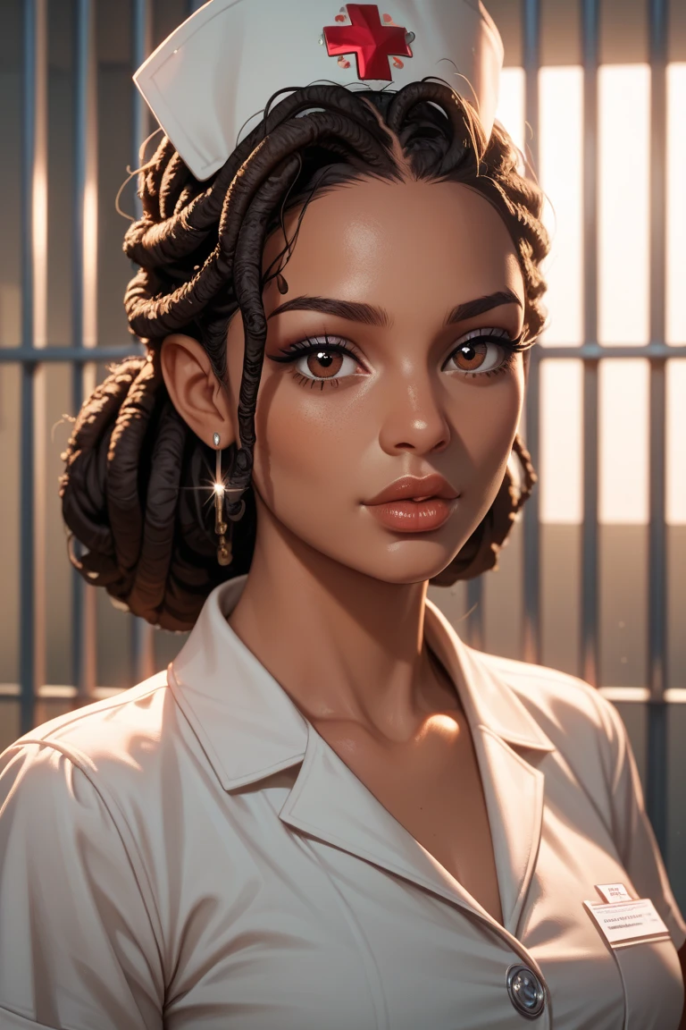 Beautiful, young black woman with dreadlocs, light brown skin, brown eyes, full lips, in nurse scrubs in a prison, Solo, High Resolution, Masterpiece, Anatomically Correct, Accurate, Best Quality, Expert Lighting, Detail, Textured Skin, Portrait,