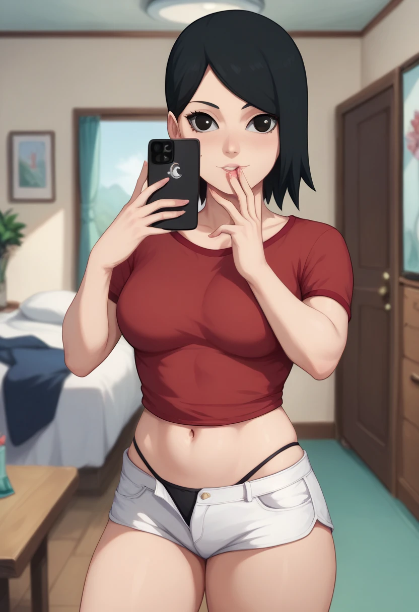 Sarado Uchiha short black hair black eyes red medium breasts Big short red blouse cropped belly thick legs thick thighs Large short white shorts and black thong panties cell phone in the hand taking selfie in front of the sexy mirror