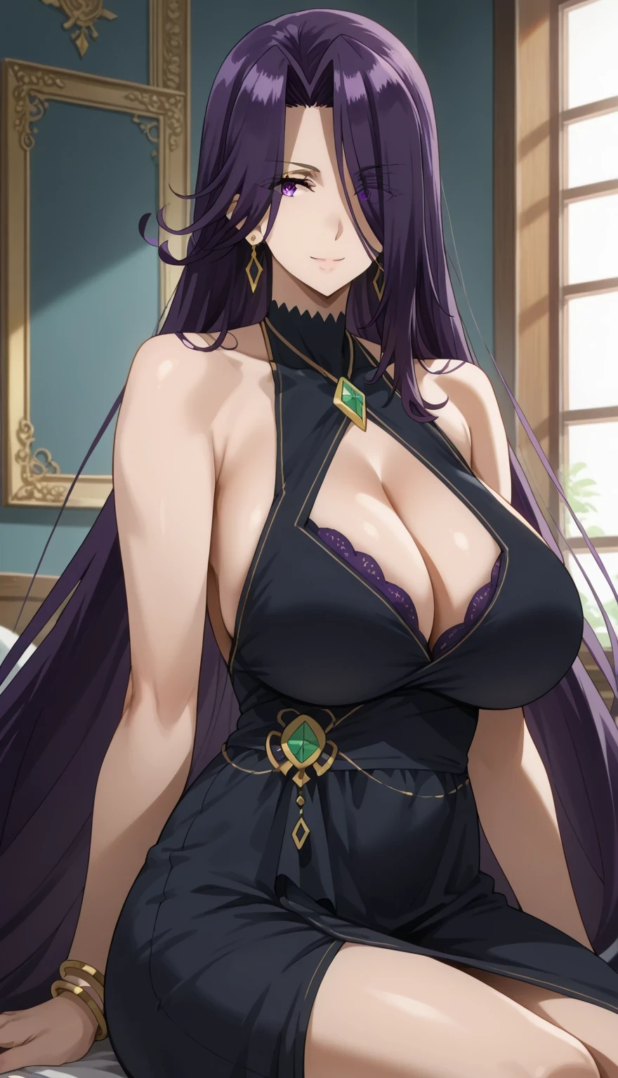 Mature female, milf mature, Source anime, Tall girl, Fit girl,score_9, score_8_up, score_7_up, score_6_up, ultra-detailed, aurora, long hair, purple hair, very long hair, purple eyes, hair over one eye, eyes visible through hair, huge breast, seductive smile, shinny hair, 1girl, breasts, jewelry, solo, dress, earrings, black_dress, bracelet, huge_breasts, sitting, cleavage, looking_at_viewer, thighs, bangs, bare_shoulders, side_slit, halterneck, no_bra, curvy, cowboy_shot, thick_thighs, standing 