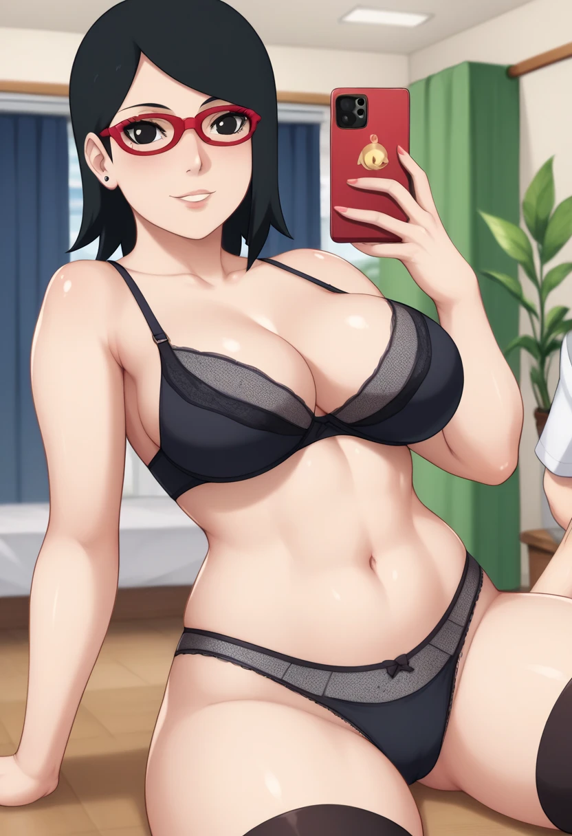 Sarado Uchiha short black hair black eyes red glasses medium  thick legs peeled thick thighs peeled belly peeled panties black thighs panties and black bra with cell phone in hand taking sexy photo in front of the mirror thick, healed legs and big ass taking sexy photo em frente para o espelho com celular na mão pernas grossa Grande barriga sarada pernas grossas grandes coxas grandes e pernas grossas saradas nua gravando com celular na mão