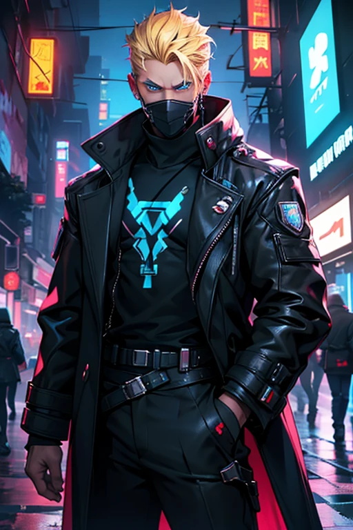 Boy,  blue eyes, blond, masterpiece,  high quality ,  Perfect anatomy ,  perfect face, 4K,  high quality ,  detailed ,  epic style , modernity,  black shoulder coat,  faction leader , senator ,  Cyberpunk, neon,  stands full length , tycoon 