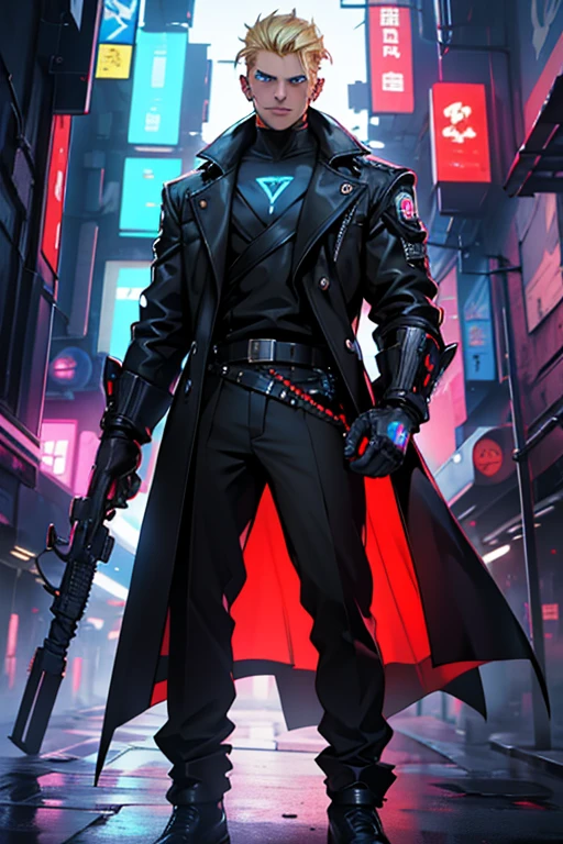 Boy,  blue eyes, blond, masterpiece,  high quality ,  Perfect anatomy ,  perfect face, 4K,  high quality ,  detailed ,  epic style , modernity,  black shoulder coat,  faction leader , senator ,  Cyberpunk, neon,  stands full length , tycoon 