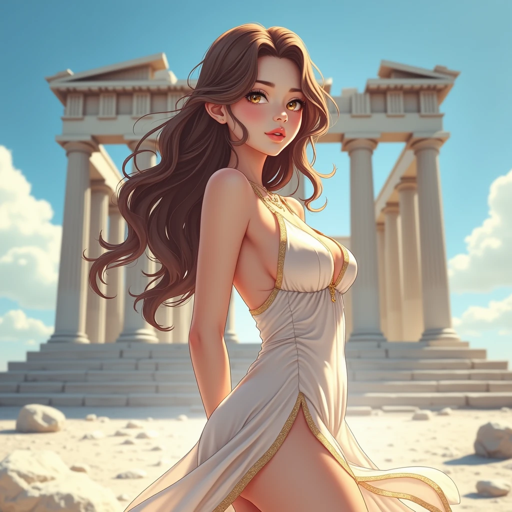 Greek godesse, greek temple, outdoor, in sky, olympus, erotic, lewd, 1 girl, beautiful waivy hair, sexy pose,(AOC:1.1), reveiling dress, curved, Wide hips, thick thighs, Oil Painting, classic, by sargent