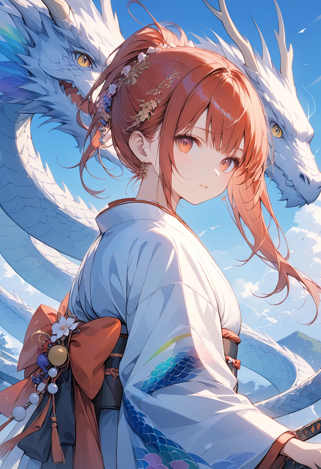 Masterpiece, high quality, high resolution, 16K, background detail, digital painting, Makoto Shinkai illustration, hyperrealistic, fantasy, petite girl in kimono, long eyelashes, fair skin, full body, red ponytail, white and red Kimono, dragon pattern on cheek, ancient giant dragon in fine detail, dragon scales are rainbow-colored and translucent wings, protecting the girl's back, on the cliff, cinematic angle