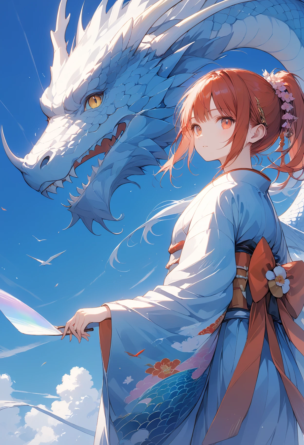 Masterpiece, high quality, high resolution, 16K, background detail, digital painting, Makoto Shinkai illustration, hyperrealistic, fantasy, petite girl in kimono, long eyelashes, fair skin, full body, red ponytail, white and red Kimono, dragon pattern on cheek, ancient giant dragon in fine detail, dragon scales are rainbow-colored and translucent wings, protecting the girl's back, on the cliff, cinematic angle