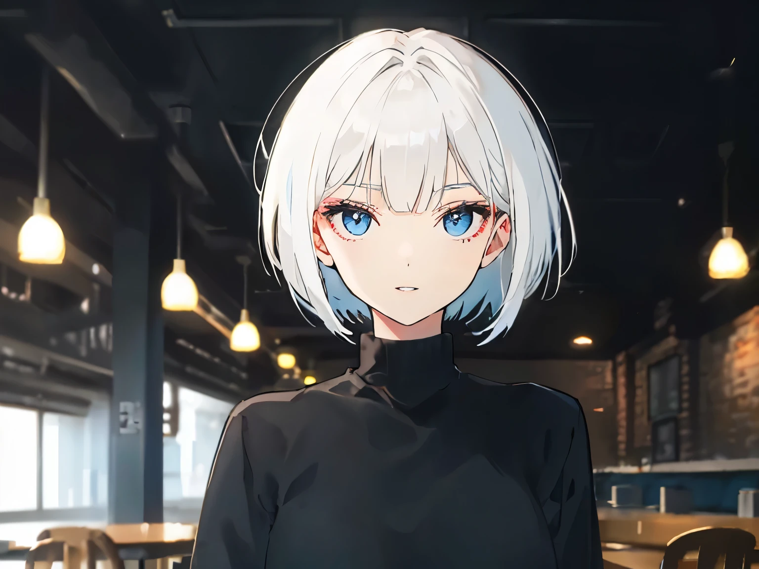 (gentle smile, parted lips), 1girl, (upper body), (eyelashes), (dark eyelashes), (eyeliner), blue eyes, ((asymmetrical bangs, hair behind ear, hair over one eyebrow, bob cut)), (white hair), medium hair, medium breast, (hopeless:1.05), (black sweater, jeans), cinematic lighting, dramatic lighting, Sharp Focus, (Best Quality, masterpiece, detailed, facial focus),((in the cafe)), (looking viewer), standing straight