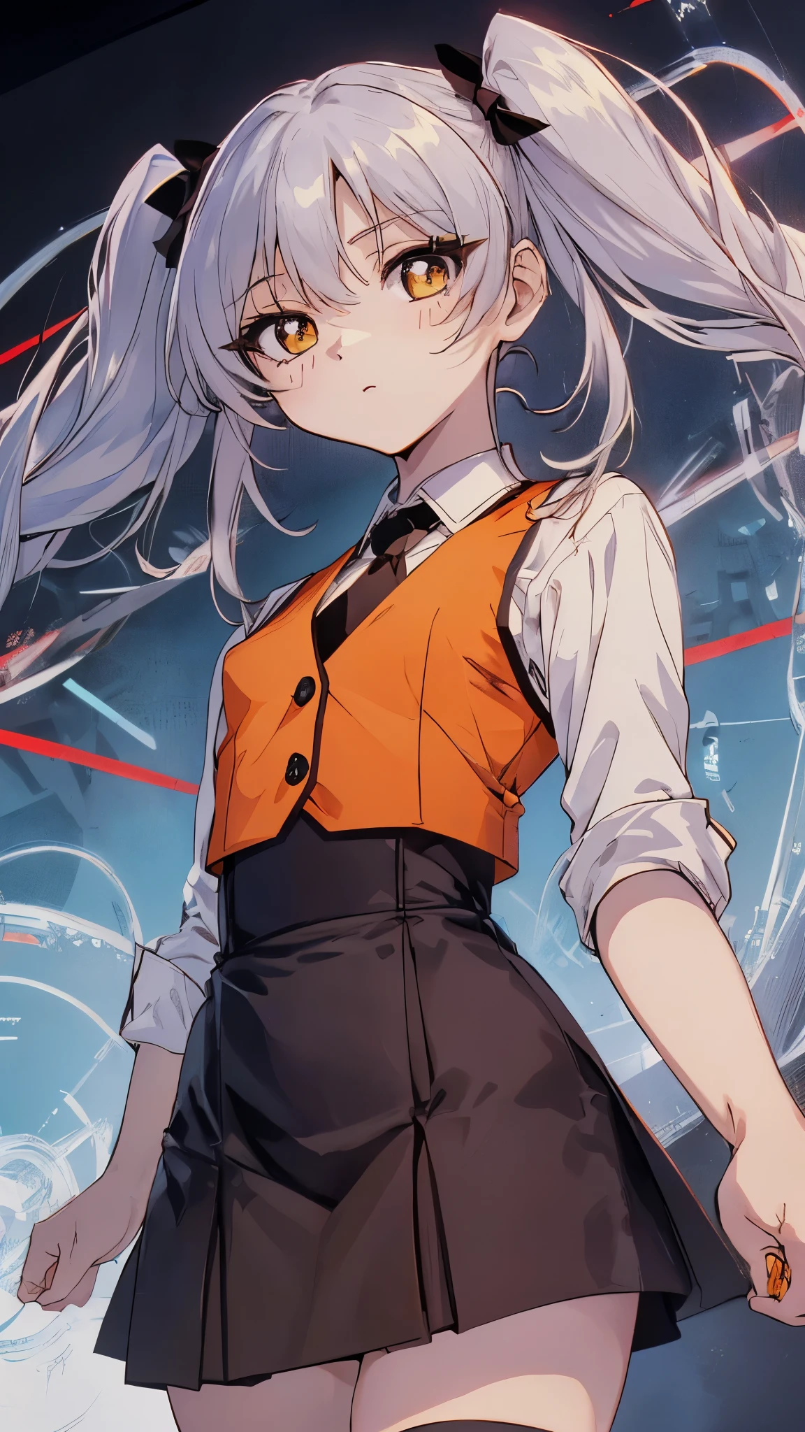 Upper body,RH,1 girl,solo,((short hair,twintails)),yellow eyes,hair ornament,(white shirt,necktie,collared shirt,orange Vest,Black pencil skirt),(flat chest:1.3),slender,skinny,(Chibi,loli, little, ultra cute kawaii:1.3),masterpiece,Noise Reduction,perfect anatomy,high resolution, ultra-detailed, ultra-detailed face,game cg,dutch angle ,beautiful detailed eyes,visualart,five fingers, perfect hands, perfect lighting, sparkling pupils,