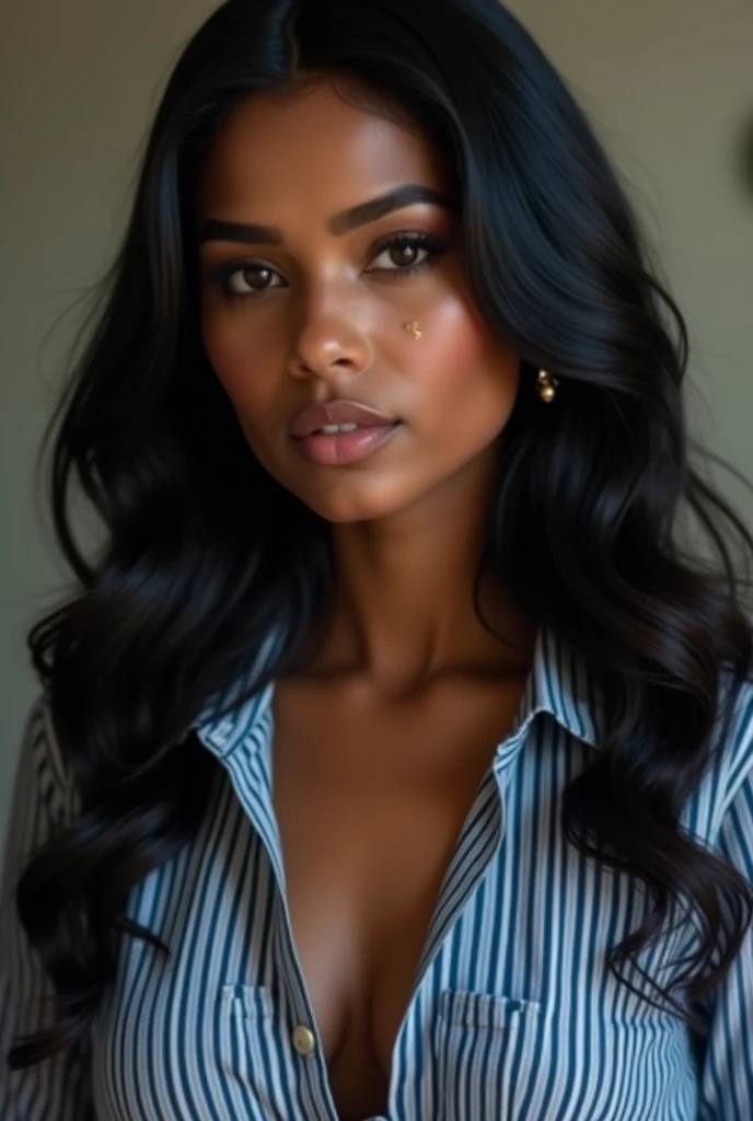 (best quality,4k,highres, highres face details), black long wavy hair, wearing a black crop top, 18 years old, instagram model, 36DD breast, pretty face, fake lashes, natural lips, dark skin, she is skinny, she is caucasian, golden hour, huge breast 36DD, posing, sexy, sensual vibes, whole body image, from head to toes