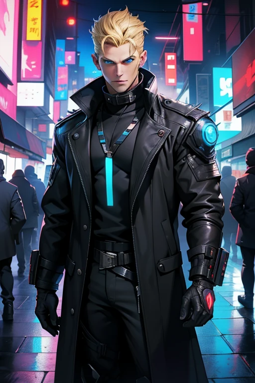 Boy,  blue eyes, blond, masterpiece,  high quality ,  Perfect anatomy ,  perfect face, 4K,  high quality ,  detailed ,  epic style , modernity,  black shoulder coat,  faction leader , senator ,  Cyberpunk, neon,  stands full length , tycoon 