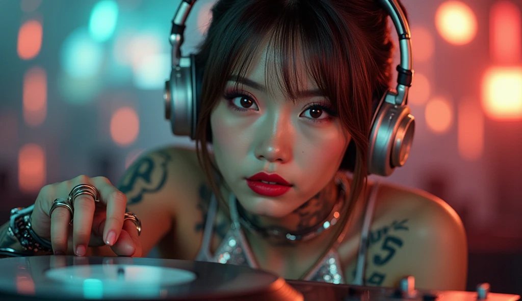 8k, a dancing beautiful asian cyborg with brown bun hair, ((DJ)), ((tattoos)), photography, portrait of gadis_jelita wearing black sequin flowy silk dress, red lipstick, silver DJ Headset, ((eyes looking at camera)), excited, one hand on the air, detail, DJ table, ((shouting)) to the crowd, picture from front, in blurry club stage background, soft focus, (masterpiece, sidelighting, finely detailed beautiful eyes: 1.2), bokeh, hdr