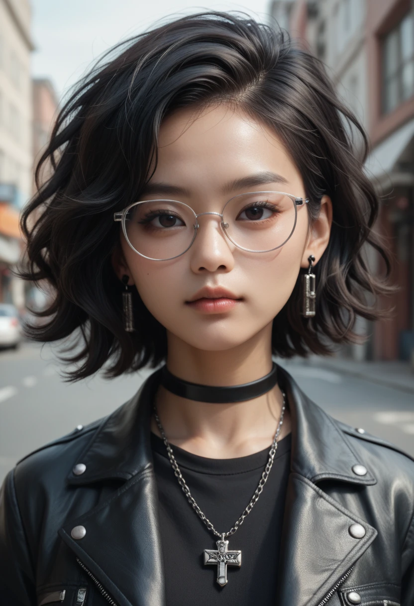 masterpiece, best quality, 1girl, looking at viewer, adult, wearing white glasses, wear a black leather jacket, black earrings, iron necklace, asian girl face, gothic make up, layered bob hair