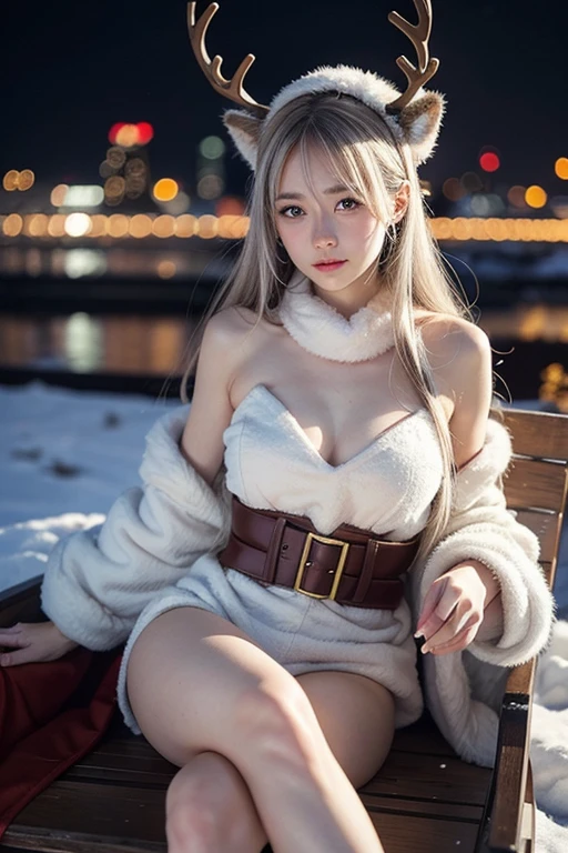 winter, a snowy night, a girl dressed as cosplay of brown Christmas reindeer, in front of a Christmas sleigh, waiting someone, lots of gift boxes on the sleigh, in the urban area, Tokyo, gorgeous cityscape, city shines with christmas decorations, fidgeting, blushing, wavy long length hair, pale blue and white hair, hair fluttering in the wind, beautiful white-colored translucent skin, slendar figure, adult sexiness, alluring, glossy face, cold and shivering, {realistic}, {cinematic}, {photogenic}