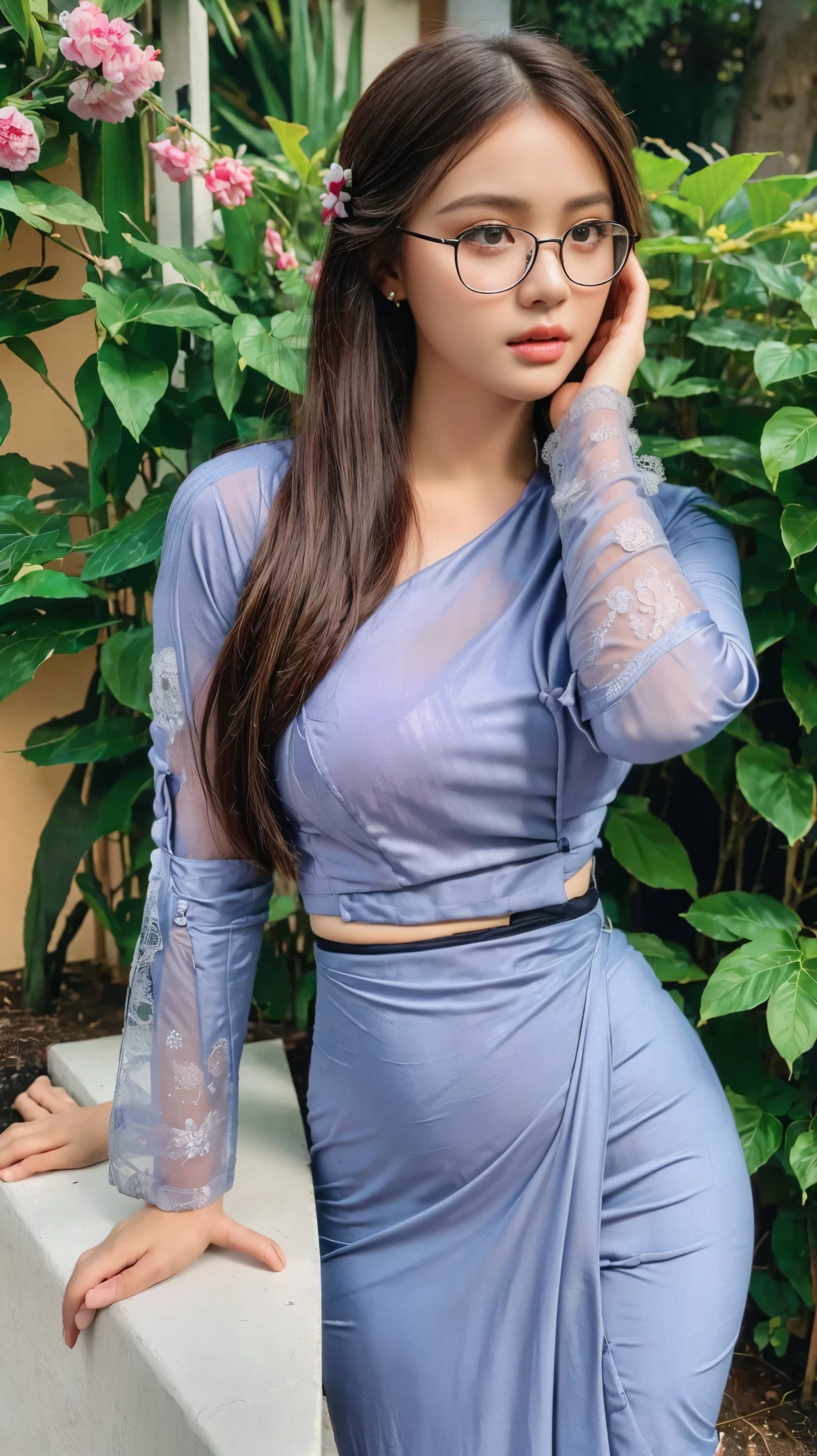 ((Best Quality, 8k, Masterpiece:1.3))), Crisp Focus: 1.2, (Beautiful Woman with Perfect Figure: 1.4) , Burmese dark skin girl, beautiful , bangs very long straight hairstyle,with glasses, wearing drop earrings,in front of plants,big  and round , perfect body,, from front viewHighly Detailed Face and Skin Texture., Detailed Eyes, Double Eyelids , model pose,acmm lace ls outfit, wearing lace shirts , wearing acmm long skirt, transparent printed skirt, look camera man,in the Floral plants,in studio light,film effect 、best position,best composition, perspective view, ultra wide view, Sony a7 RV shoot,(best quality,4K,8K,highres,masterpiece:1.2),ultra-detailed,(realistic,photorealistic,photo-realistic:1.37),HDR,studio lighting,sharp focus,