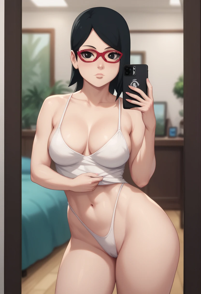 Sarado Uchiha red glasses short black hair black eyes medium big boobs peeled belly thick thighs Big naked in front of the mirror with cell phone in her hand sexy big ass