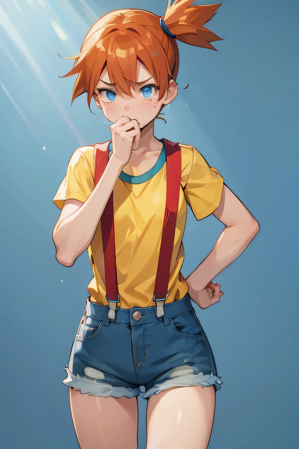 misty pokemon,short hair,blue eyes, red suspenders, yellow shirt, denim cutoffs,sobbing,ponytail,tears