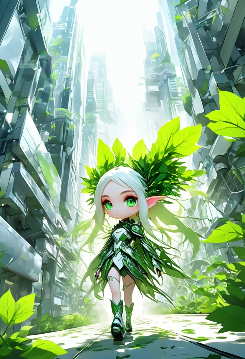 (masterpiece, best quality:1.2), Chibi cute, 1 daikon lady, elven lady, solo, full body, Walking along the metallic roads of a futuristic city, Cyber Punk style, Green eyes, Green leaves long hair, bangs, pointy ears, pure white skin