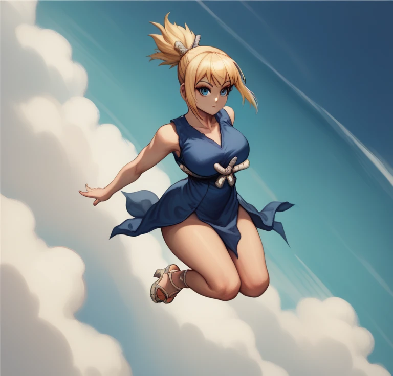  score_9,  score_8_above,  score_7_above,  score_6_above, 1girl, Alone,  dskohaku ,  blond hair ,  short ponytail , Blue eyes,  dark blue dress , neckline, sleeveless,  White rope belt,  big breasts, blue sky, platform shoes,  Sandals, jumping