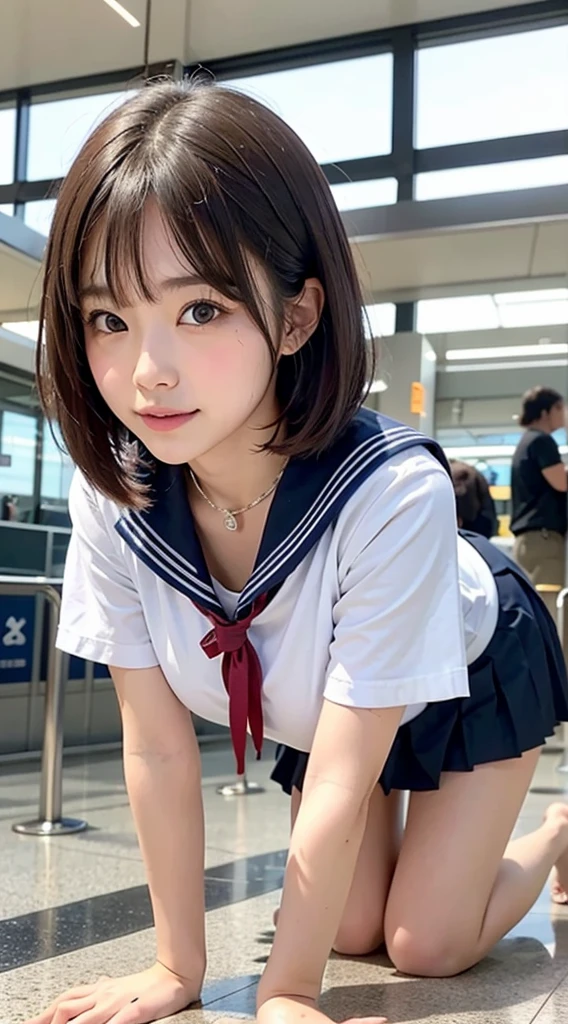 (Realistic, Photorealsitic:1.37), (masutepiece), (Best Quality:1.4),(超A high resolution:1.2),(Raw photo:1.2), (Sharp Focus:1.3),((( and chibi lascivious 6 year old girl with a very young face:1.4)))、(Cute:1.1), ((Panties close up:1.2)), One teenage girl wears high detail(Short sleeve white uniform with sailor collar, Dark blue pleated microskirt:1.35),((Sexy Lace Panties:1.2)), (High School Girl:1.1), (Evil smile:1.3),(High twin tails with ribbons:1.4), BREAK (medium breasts:1.1), Scenery, (Train,Interior background of the train:1.25),Sit on the edge of a train bench seat and lean back,(((Spread legs:1.4))), (gargantuan butt:0.6), From below, Bangs, Beautiful high detailed round eyes with highlights, looking up viewer, highlydetailed skin,