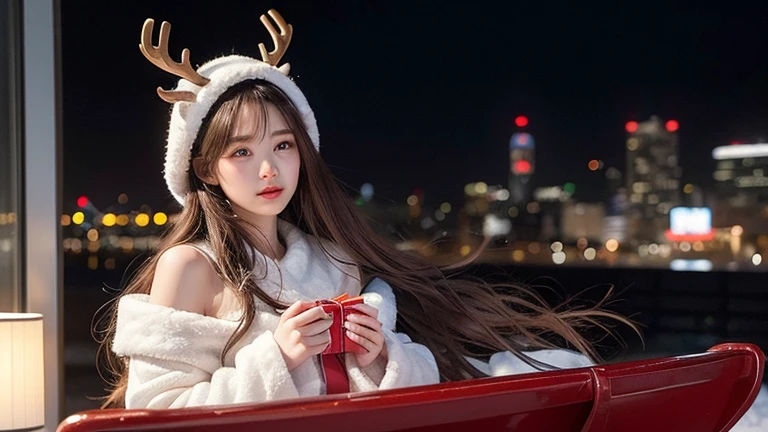 winter, a snowy night, a girl wearing reindeer costume, in front of a Christmas sleigh, waiting someone, lots of gift boxes on the sleigh, in the urban area, Tokyo, gorgeous cityscape, city shines with christmas decorations, fidgeting, blushing, wavy long length hair, pale blue and white hair, hair fluttering in the wind, beautiful white-colored translucent skin, slendar figure, adult sexiness, alluring, glossy face, cold and shivering, {realistic}, {cinematic}, {photogenic}