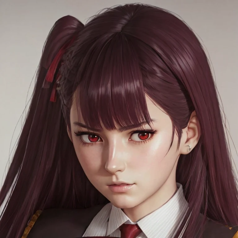     There is a woman with long hair who wears a suit and tie., colegiala hiperrealistic, a colegiala hiperrealistic, Realistic young anime girl     ,     Anime-style realism    ,  estilo de arte anime realistic ,  estilo de arte de anime realistic , Estilo anime 3D realistic, portrait of an anime girl,      artwork in the style of Guweiz     , Detailed portrait of an anime girl,     incredible anime face portrait    .  model,    of Greek origin( beautiful,elegant,sexy)  y Aleman ( beautiful,sexy,linda) ,     just looking at the viewer  , (realistic:1.4), (:1.0), Ojos rojos,     Round pupils     (perfecta), eyelashes(perfecta),form (perfecta),form(better light),  beautiful eyes,  big eyes,  semisharp eyes,shirt, jacket, red tie,  white skin  ,  white skin  pálida, white skin(better light),(  burgundy hair color    ), Braid, (one side up:1.2), (     hair band   ), (blush, ashamed), (while getting angry),(Detailed, ultra-Detailed, high Detailed, ultra realistic 8k CG,     perfect artwork, lyrical), wooden table, flores, information,  no benefit   