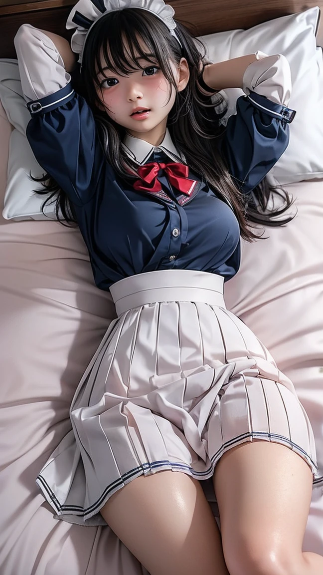 A girl in a blazer uniform ((White blouse with formal collar, Blue Blazer, 
Red Check Skirt, Red checkered ribbon on blouse)), Complete limbs, Full Finger, 
(((A woman is sleeping with her eyes closed)))Brown Hair、(White skin)
(((((Full body photo)))))
((((Panties and bra are visible))))
