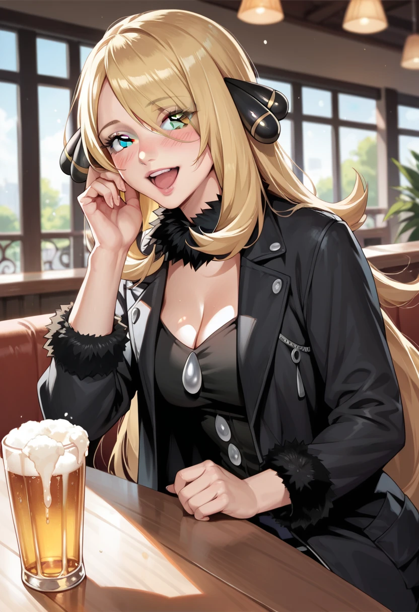 Illustration, Realistic proportions, best quality, high detail, Cynthia from Pokemon, long blonde hair, grey eyes, black coat, black top, sitting in a café, laughing with beer glass in hand, blushing