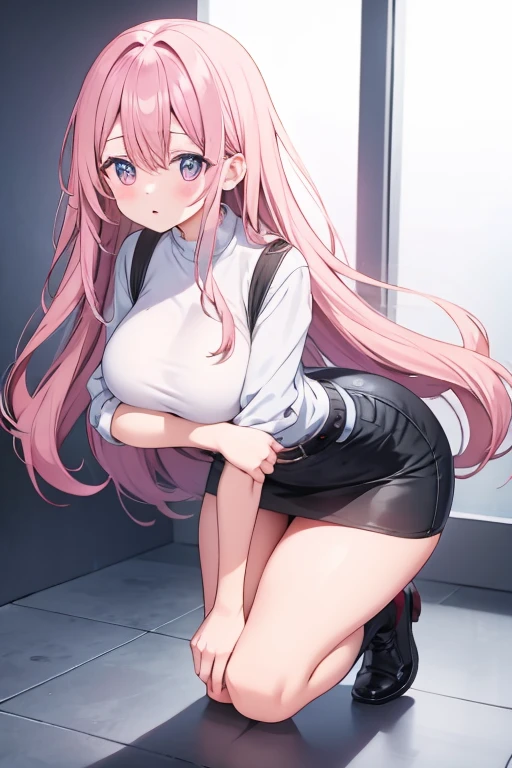 Light pink long hair　Black tight skirt　Thighs　Belted Skirt　 lean forward 　 standing　Inner thighs　Place hands on knees　Big Breasts