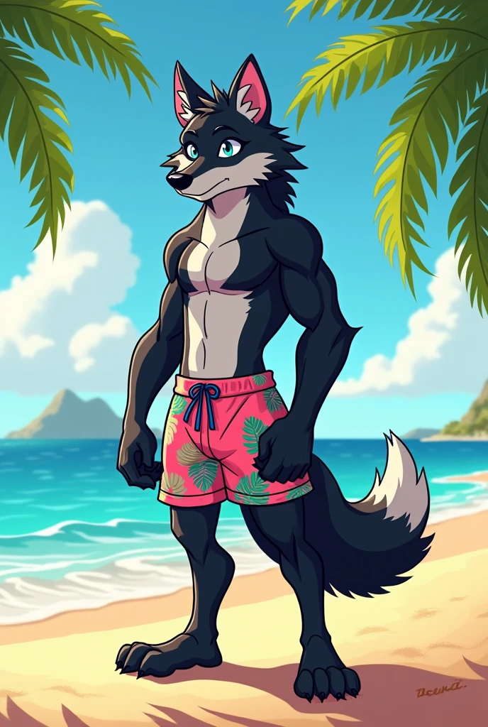 Detailed and realistic HD photography of (Wolf O'Donnell) Vistiendo una (Tanga Blanca) en la playa, de pie, mirando al Horizonte, solo, retrato de cuerpo entero, antecedentes detallados, gran trasero, por mancha
