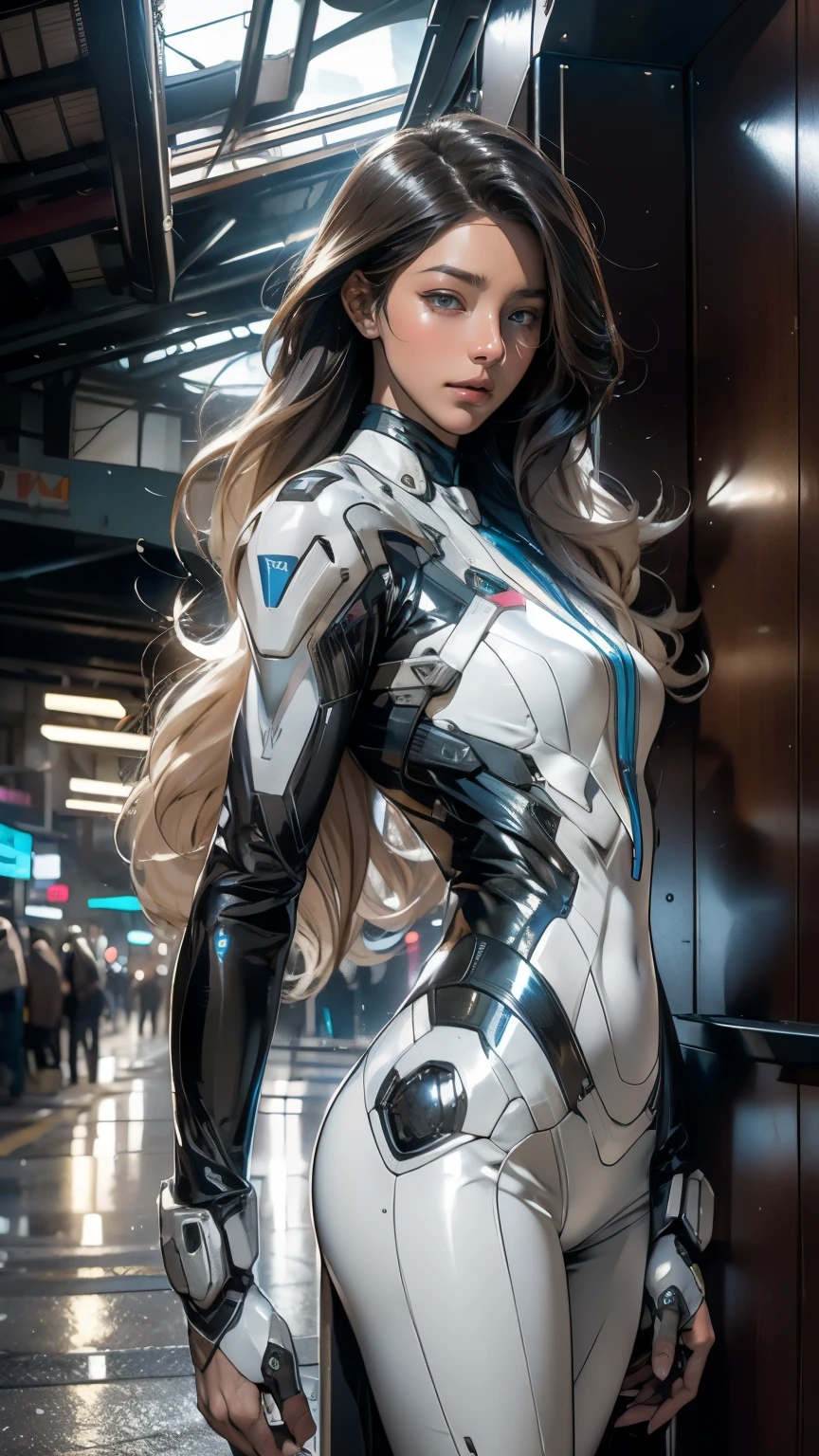 Insightful eyes,Long flowing hair,Very long, long, long hair,Porcelain white face,Soft and shiny, Futurist, futurist suit, neon light suit