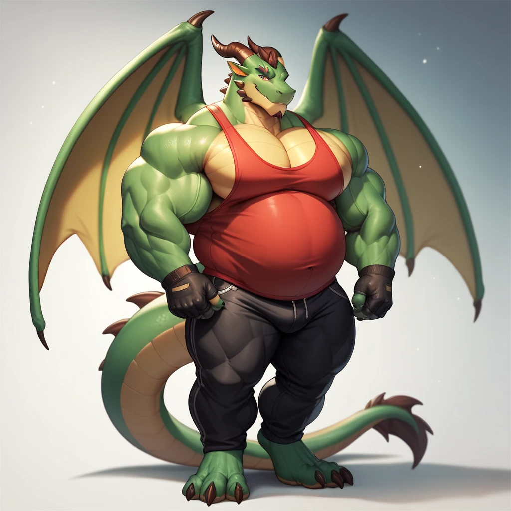 a big giant anthropomorphic green dragon with a musclegut tall wide body and big fat belly using tank top, black pants, and gloves. Full body, standing still, solo, 1 person, very big, very tall, very wide, very muscular, very fat, big gut, big arm, big leg, dragon wings.