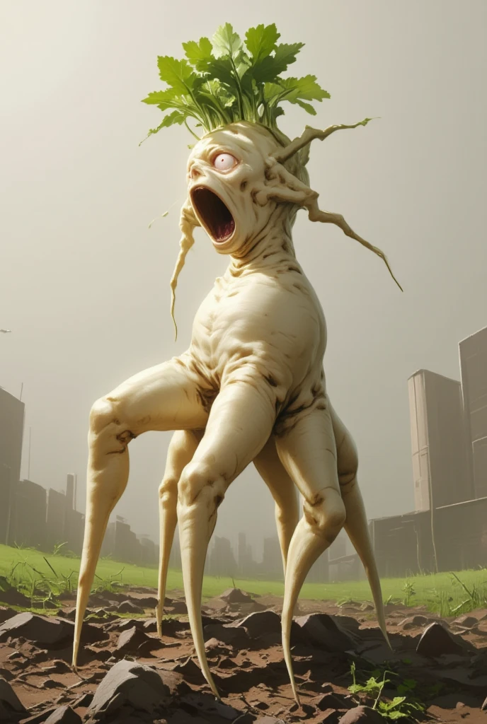 masterpiece, super detail, high details, best quality,  highres icon, (( two-legged daikon two-legged daikon, Bloodshot eyes, Screaming,  Mandragora , The cursed crop )), Unique and unusual shape ,  pulled out of the ground , farm, 2D illustration