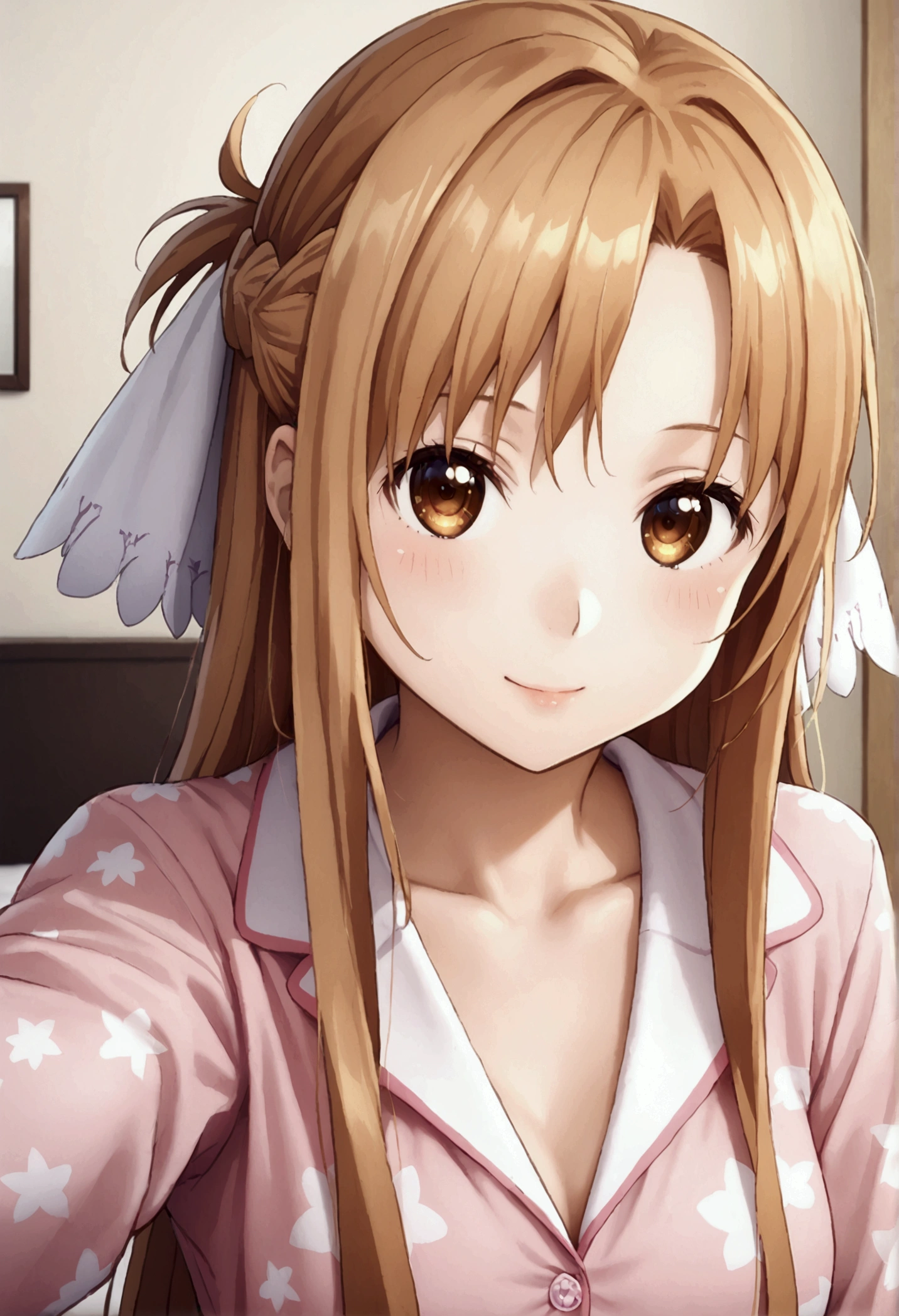 a beautiful detailed portrait of Asuna, a cute anime girl, wearing only a pajamas , Selfie 