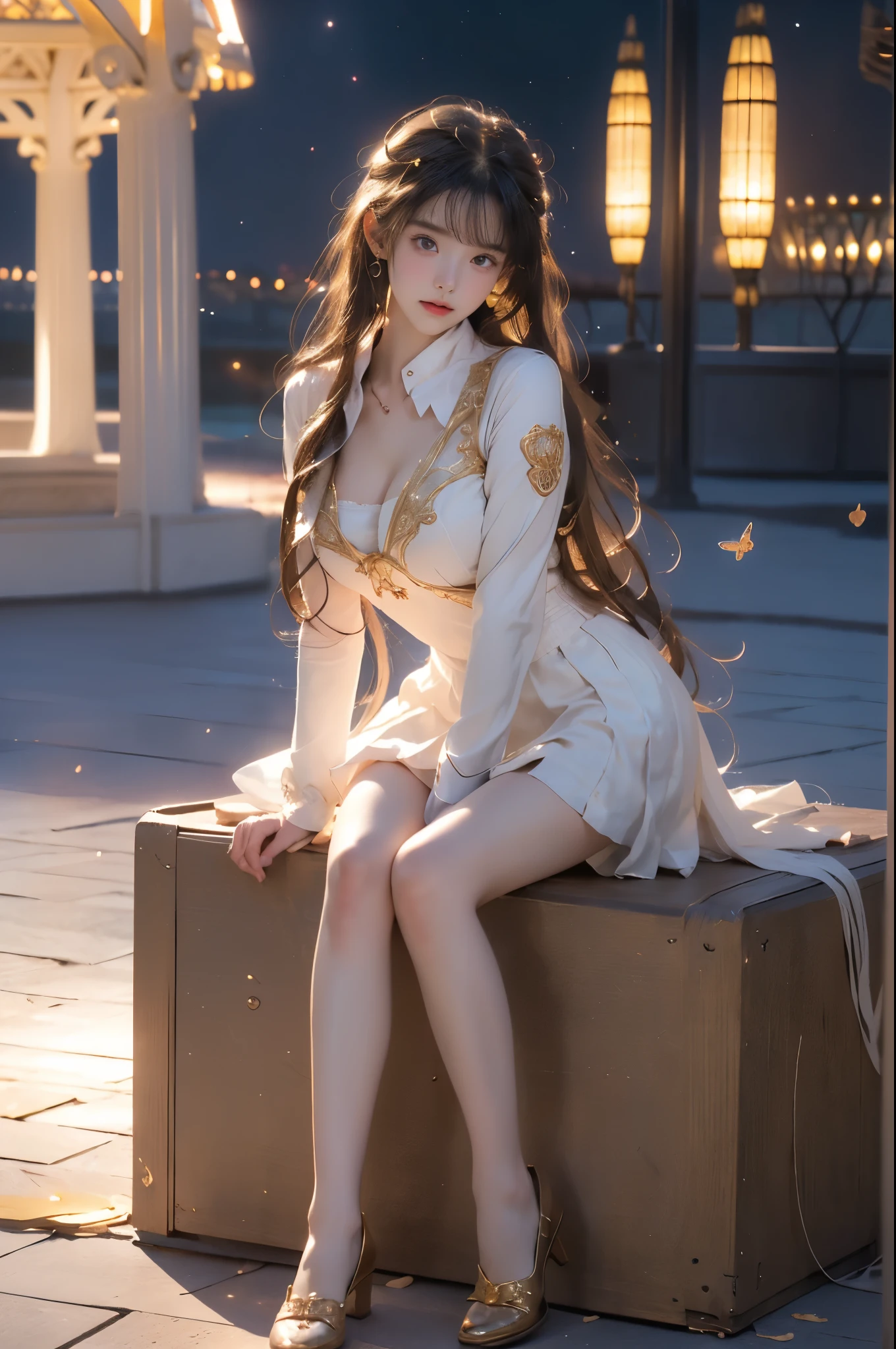 toruzu_bunko_uniform,school uniform,miniskirt,pleated skirt,white skirt, ((full body:1.4)), ((a beautiful fashion model)), ((in the ancient gazebo, antique in color, leaning against the ornate pillars of the gazebo under a starry night sky)), ((warm ambient lighting with a golden glow)), ((blue plasma flames subtly illuminating the scene)), (surrounded by glowing butterflies dancing in the air), ((leaning forward with one hand resting on her knee)), (elegant pose, full breasts with visible cleavage, very short hemlines revealing smooth thighs),  (professional fashion model pose), (photorealistic, hyperrealistic details, perfect facial features), (fashion photography with professional lighting), (golden ratio composition), (perfect symmetry, sharp focus), (captured with a Canon EOS R5, 85mm portrait lens), (dramatic and volumetric lighting, cinematic effect), (ultra-detailed textures, 8k resolution), (high-end fashion editorial), ((nighttime ambiance with contrasting warm and cool tones)).