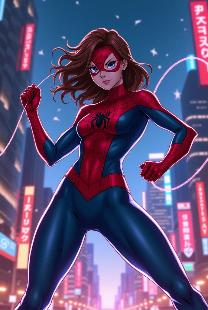 (obra maestra),(mejor calidad:1.0), (Ultra high resolution:1.0), detailed illustration, 8K, chica blanca (with brown hair) (pelo rizado suelto) (pelo gratis) vistiendo un traje negro y azul de spiderman, A spider symbol on the chest of his suit., chaqueta de cuero negro , mascara negra, She is on the roof of a building looking at the city at night. (cuerpo completo) (vista completa del fondo)