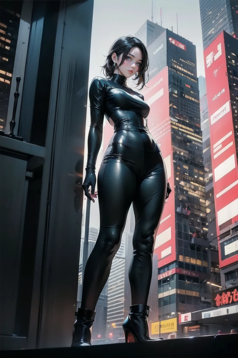 (masterpiece, best quality:1.2),  giantess, catwoman, 1girl, solo, looking at viewer, bodysuit, goggles on headwear, helmet, cat ears, cleavage, tight, walking in Tokyo