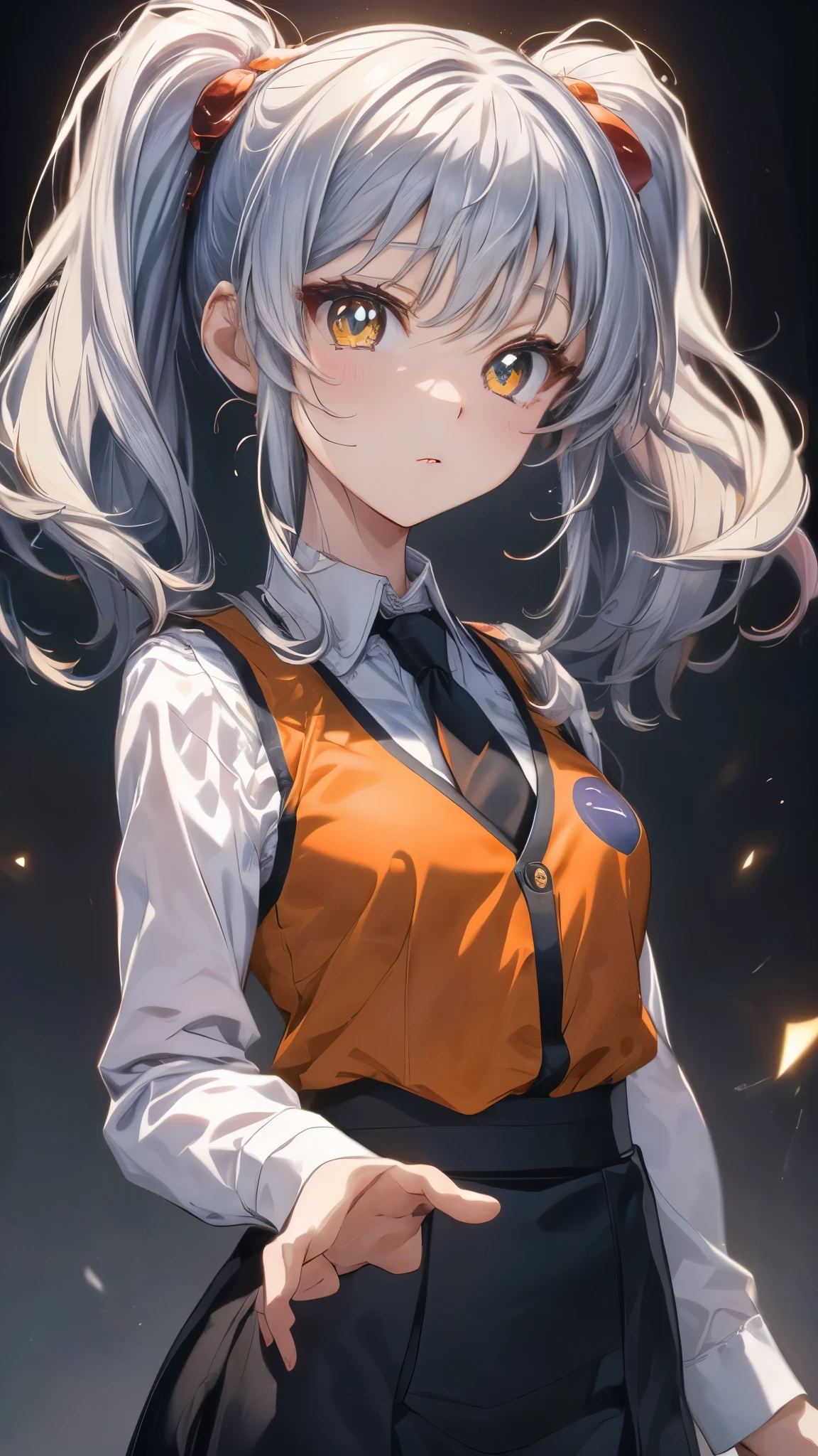 ruri_a, twintails, silver hair, golden eyes,shirt, white shirt, long sleeves, stick tie, black tie, vest, orange vest, sleeveless vest, black skirt, tight skirt,(Chibi,**li, little, ultra cute kawaii:1.3),masterpiece,Noise Reduction,perfect anatomy,high resolution, ultra-detailed, ultra-detailed face,game cg,dutch angle ,beautiful detailed eyes,visualart,five fingers, perfect hands, perfect lighting, sparkling pupils,