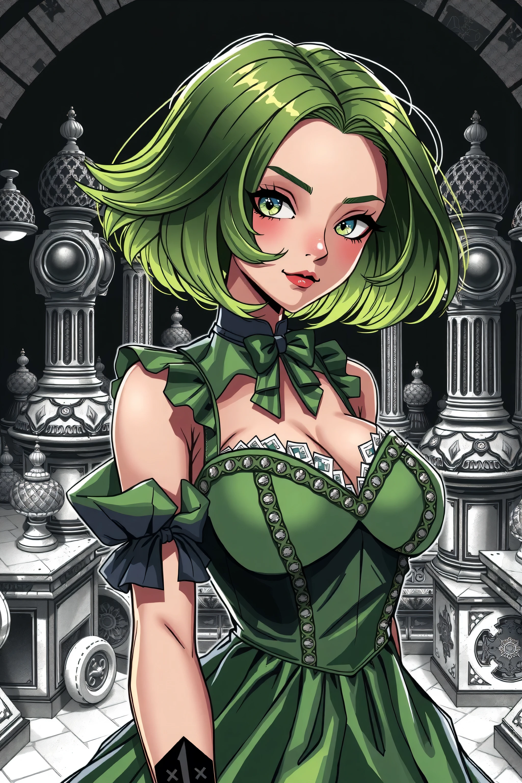 (highest quality, sketch:1.2), High resolution:0.75, Illustrator,anime, 1 girl, detailed lips, green dress,custom, (Dark monochrome background),neon hair,Texture Cropping, masterpiece, style, Retro Classic, Dark Black, Art Station, sketch book, short hair [green:1.75] [neon:1.32], (Dark monochrome background:2.1), epic realistic, detailed 