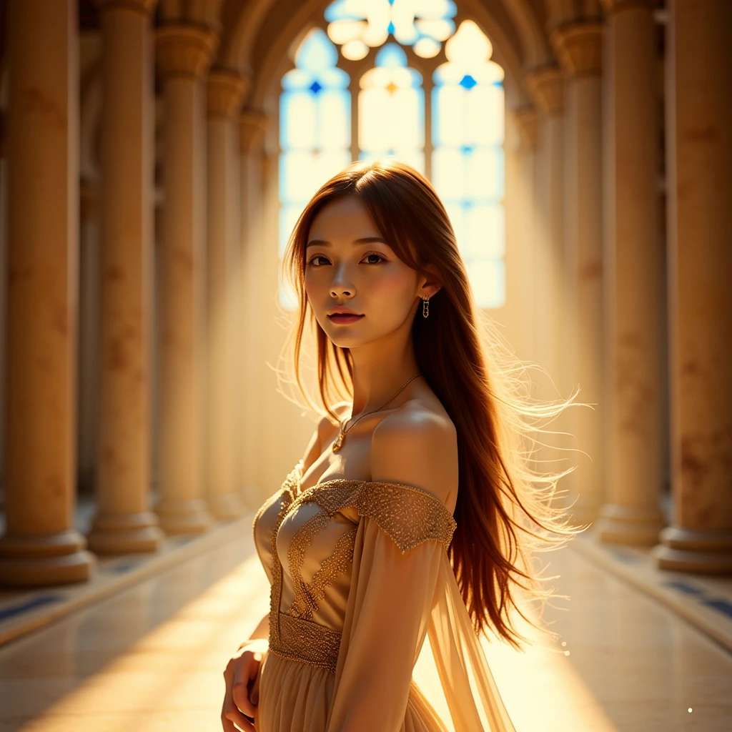 A radiant and ethereal setting bathed in golden light, featuring an elegant medieval-inspired hall with towering arched windows adorned with intricate stained-blue glass patterns. The soft sunlight filters through the windows, casting delicate beams and illuminating the stone pillars and ornate carvings. Dust particles float gently in the warm glow, creating a dreamlike and magical atmosphere.

In the center stands a stunning elegant asian woman with flowing golden brown hair cascading in loose waves down her back and shoulders. Her hair catches the light, shimmering like silk. She is dressed in a breathtaking gown with an off-the-shoulder design, crafted from sheer, flowing fabric that seems to blend seamlessly with the glowing environment. The dress features intricate golden embroidery tracing elegant patterns along the bodice and cascading down the length of the gown, highlighting her regal poise and grace. The long, semi-transparent sleeves flutter gently, adding a sense of movement and softness.

Her expression is serene yet captivating, as she gazes to the side with a mix of confidence and introspection. A delicate necklace with a small pendant rests against her collarbone, catching the light subtly. The interplay of textures—her radiant skin, the shimmering fabric of her gown, and the soft glow of the sunlight—creates a composition that feels both divine and grounded in timeless beauty.