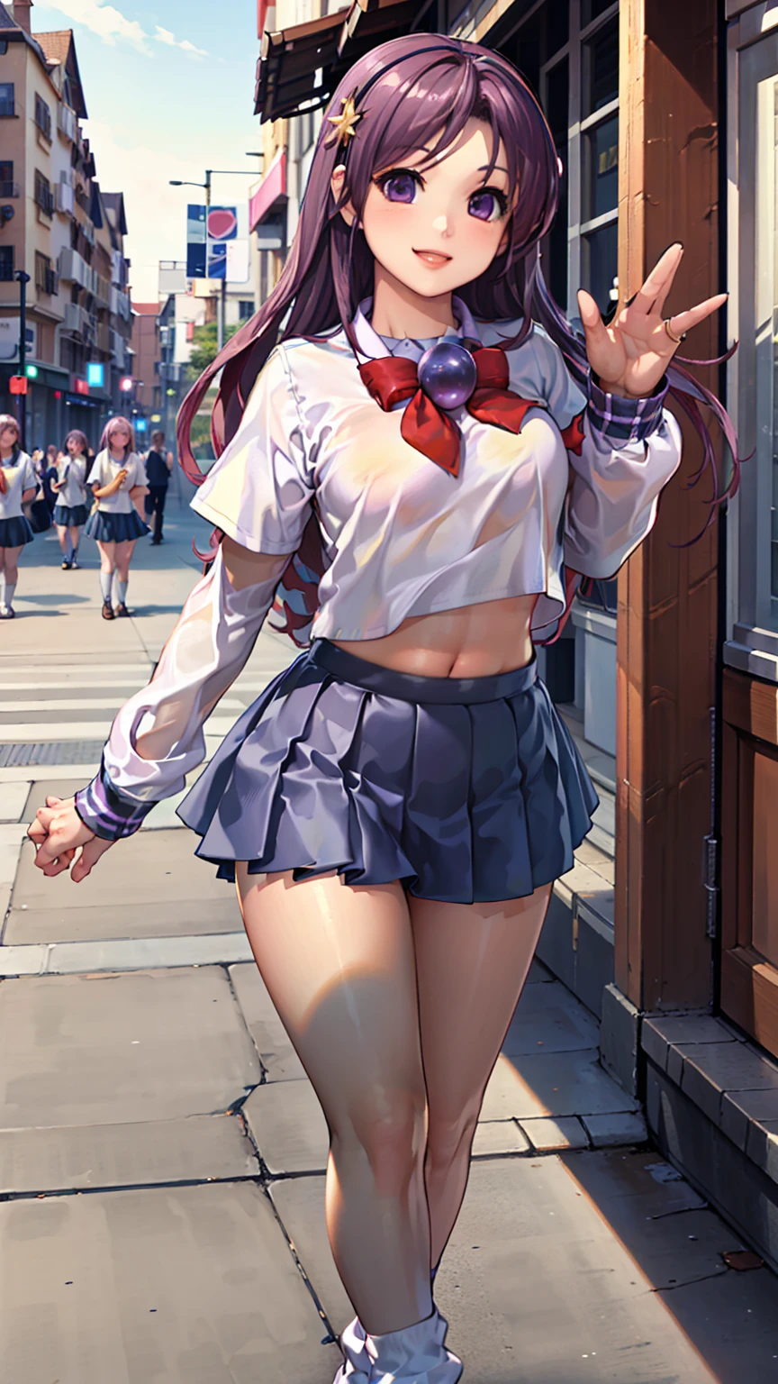 1girl,masterpiece,best quality,purple hair,(dual short ponytails),green eyes,(white stockings),(red plaid skirt),standing,in full length,medium breasts,white t shirt,in front of streets,extremely detailed