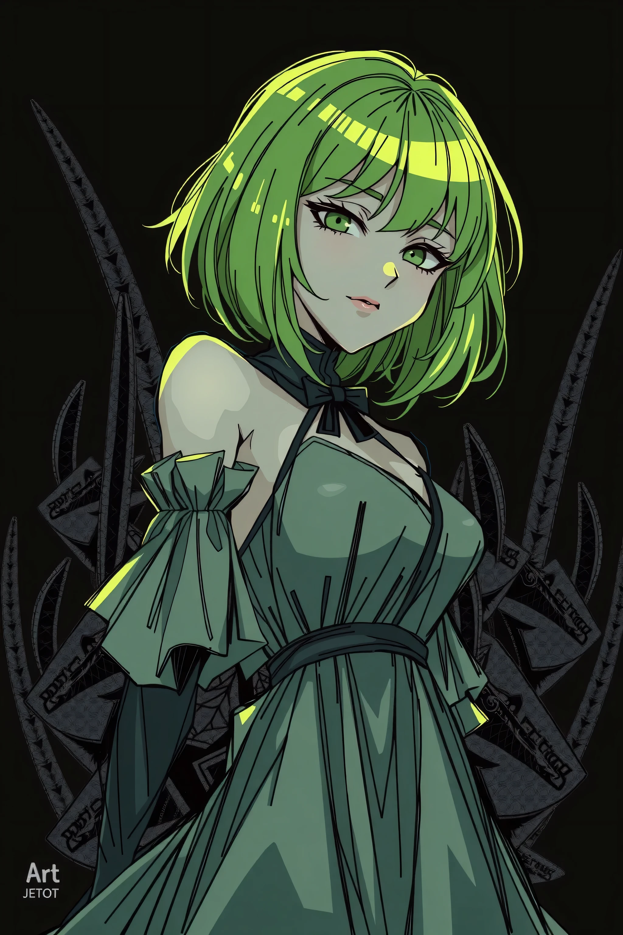 (highest quality, sketch:1.2), High resolution:0.75, Illustrator,anime, 1 girl, detailed lips, green dress,custom, (Dark monochrome background),neon hair,Texture Cropping, masterpiece, style, Retro Classic, Dark Black, Art Station, sketch book, short hair [green:1.75] [neon:1.32], (Dark monochrome background:2.1), epic realistic, detailed 