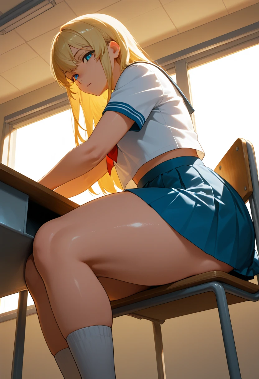 1 ,  student costume,  very short blue skirt   ,socks,Press the  ,  sitting on chair , classroom,  Illuminated by the afternoon light,   long blond hair  ,   thick thighs  ,  ,     low angle portrait swimsuit , Ultra HD,near the window