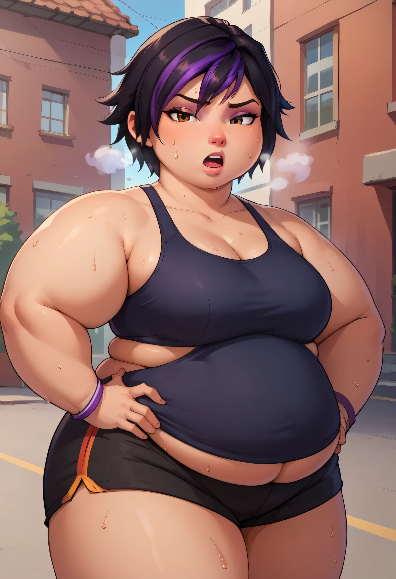 score_9, score_8_up, score_7_up, BREAK,gogotomago, 1girl, solo, short hair, black hair, jewelry, lo purple hair, bracelet, makeup, casual, cowboy shot, brown eyes, looking at the viewer, large breasts,outdoors,city, hands on hips, black tanktop, sweaty, black shorts, extausted, open mouth, dripping sweat, sweating purfusly, chin sweating, arms sweaty, breathing, steam coming out her mouth, fat, chubby, obese