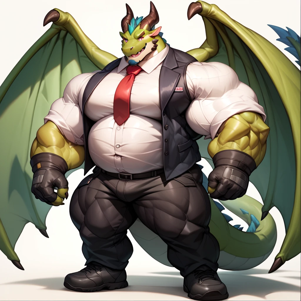 a big giant anthropomorphic green dragon with a musclegut tall wide body and big fat belly using black vest suit, white shirt, tie, black pants, and gloves. Full body, standing still, solo, 1 person, very big, very tall, very wide, very muscular, very fat, big gut, dragon wings.