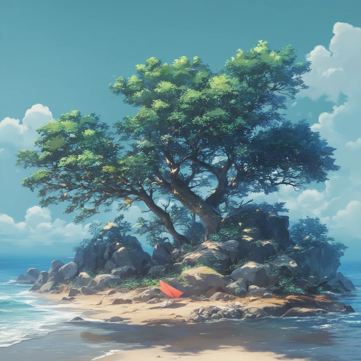 Beach, high altitude, fallen thick tree trunks, branches.Japanese animation style