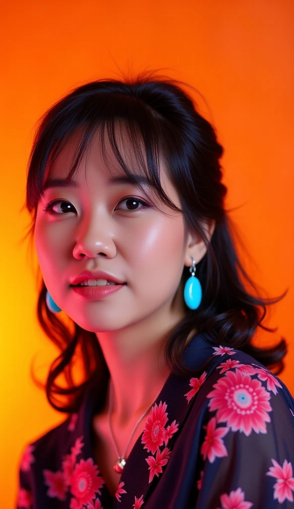 photorealistic, cinematic portrait of a woman with dark hair styled in pigtails and bangs, striking blue eyes, wearing a dark top with a pink floral pattern. She is positioned centrally in the frame, looking directly at the camera. The background is a solid, slightly grainy, high-contrast vibrant orange. The lighting is dramatic and high-key, emphasizing the subject with studio lighting and neon blue accents on her earrings. The image has sharp focus on the face and eyes, with soft bokeh, and a smooth skin texture. The color palette is vivid, utilizing vibrant orange and the dark tones of the clothing, accented with neon blue. perfect shape, Korea lady,