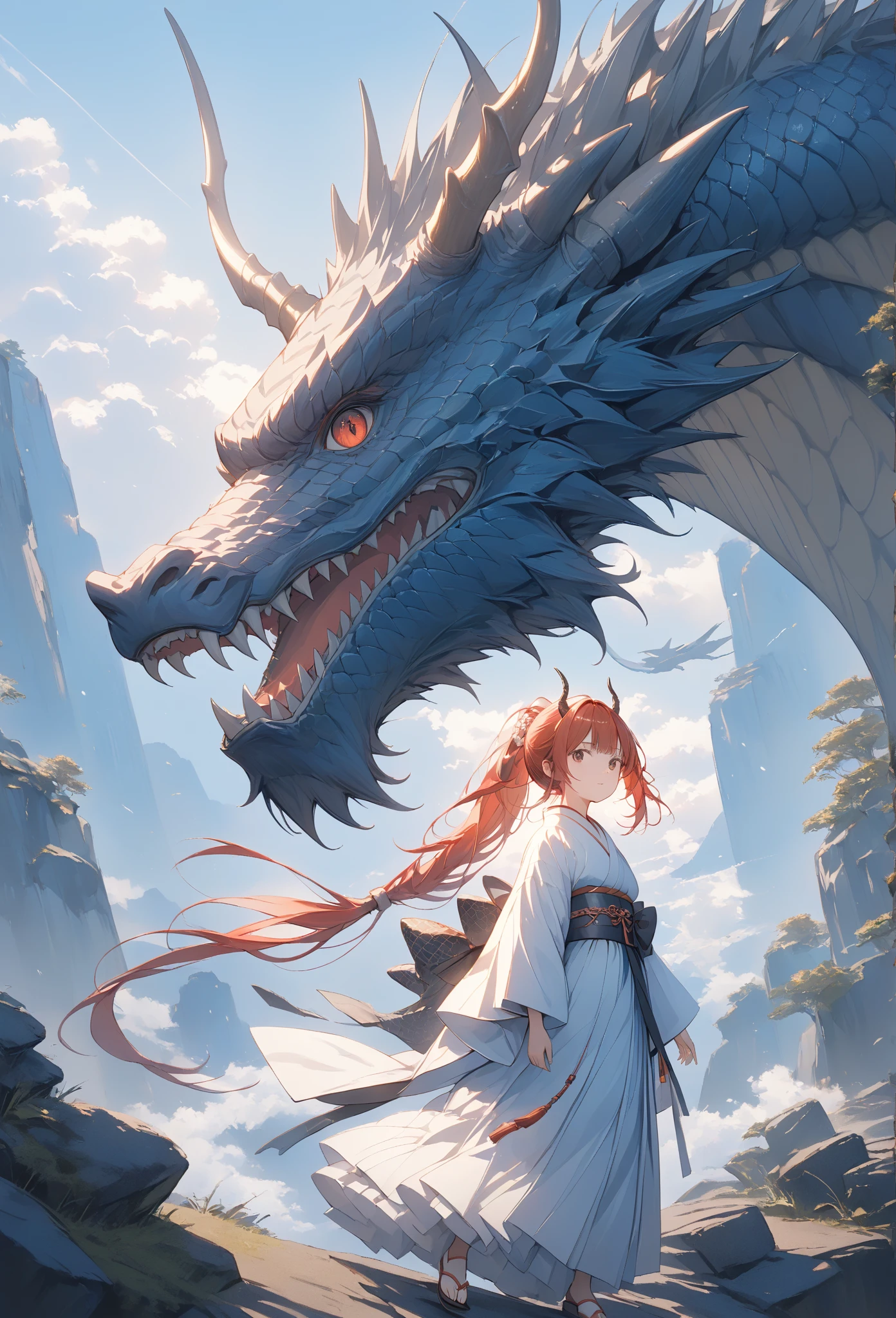 masterpiece, high quality, high resolution, 16K, highly detailed background, digital painting, unreal engine, Makoto Shinkai illustration, hyperrealistic, fantasy, petite girl in kimono, dragon horns, some skin with dragon scales, long eyelashes, beautiful face Beautiful skin, full body, red ponytail, black eyes, white Kimono, finely drawn ancient black giant dragon menacing, guarding behind girl, on cliff, cinematic angle