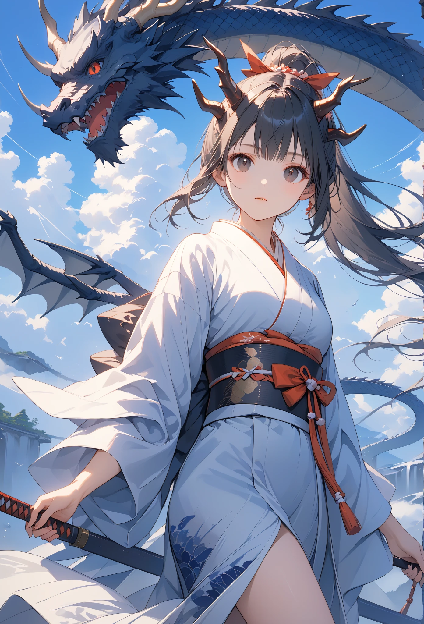 masterpiece, high quality, high resolution, 16K, highly detailed background, digital painting, unreal engine, Makoto Shinkai illustration, hyperrealistic, fantasy, petite girl in kimono, dragon horns, some skin with dragon scales, long eyelashes, beautiful face Beautiful skin, full body, red ponytail, black eyes, white Kimono, finely drawn ancient black giant dragon menacing, guarding behind girl, on cliff, cinematic angle